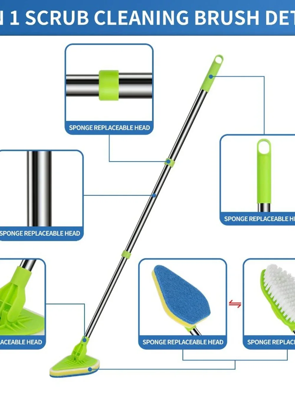 2 in 1 Scrub Cleaning Brush with 37 Long Extendable Handle,1 Stiff Bristle and 3